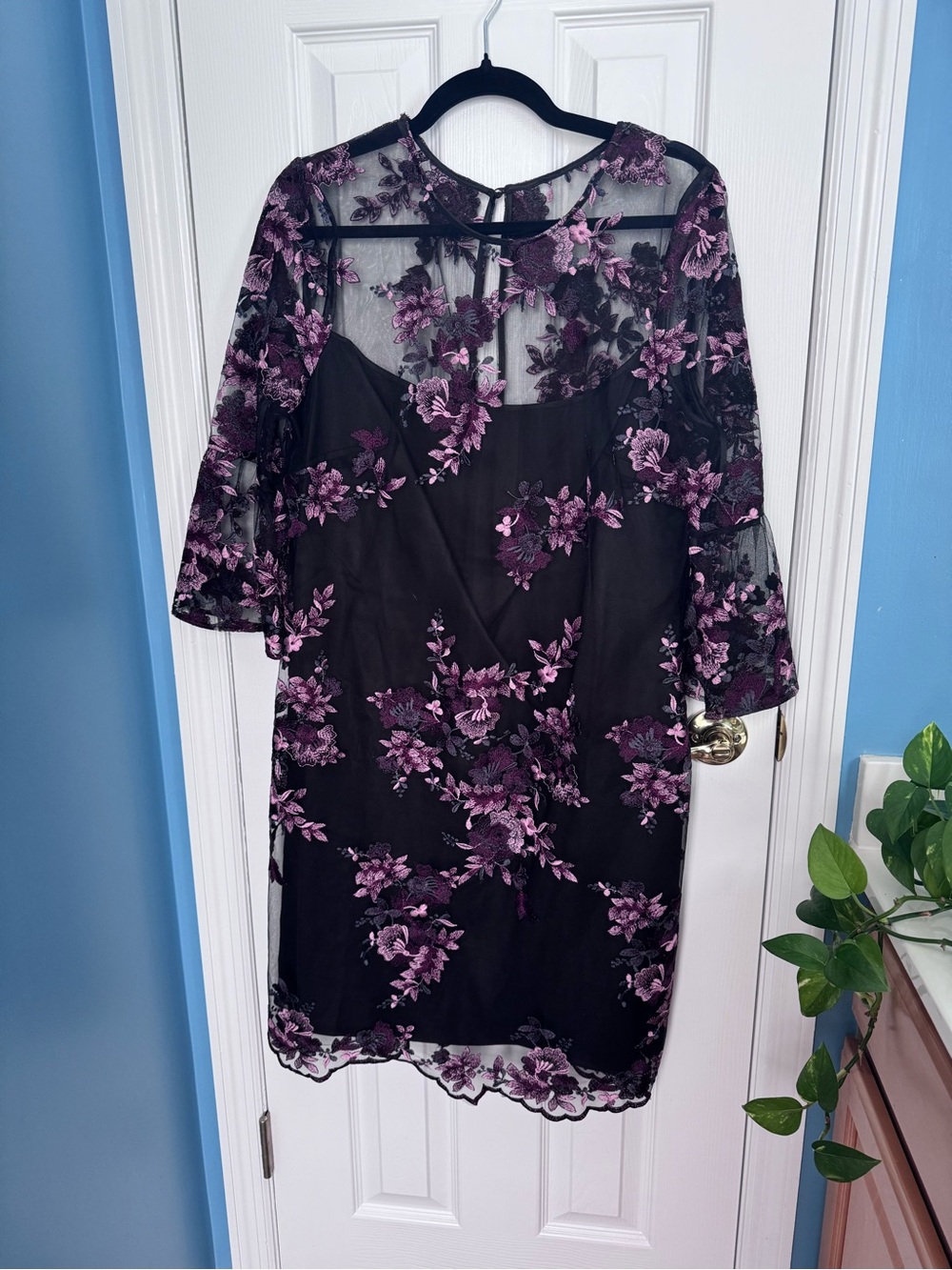White House Black Market Black Dress with Mauve Floral Embroidery